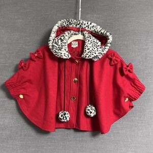 Vintage Superkids Cape Coat‎ Girls 4 Red Leopard Hood Bows Holiday Christmas